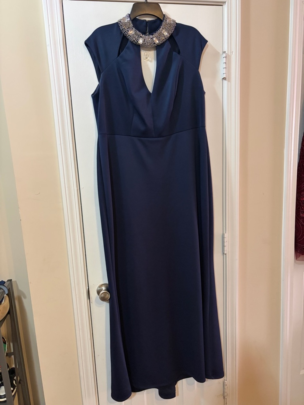 Navy Beaded Collar Cap Sleeve Maxi Dress